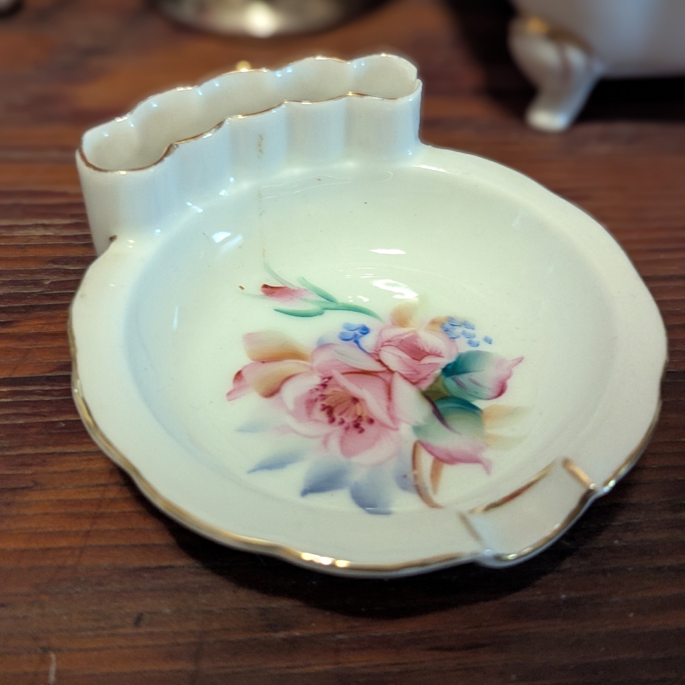 Floral Porcelain Ashtray with Gold Trim